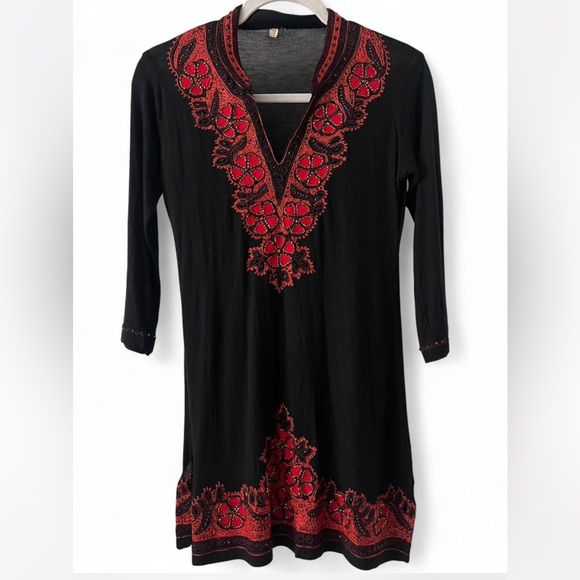 Boho Embroidered Beaded Tunic Top Small Black and Reddish Orange - Picture 2 of 7